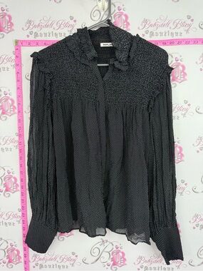 Replay shirt ruffle Black Tiny Dot Long-Sleeve Smocked Blouse